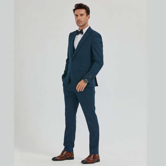 Mens Skinny Fit 3pc Textured Suit by Tazio, Dark Teal - Picture 2 of 5